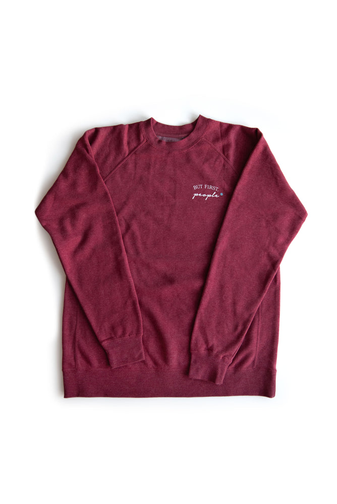 
                
                    Load image into Gallery viewer, But First, People Unisex Crewneck - Crimson Red
                
            